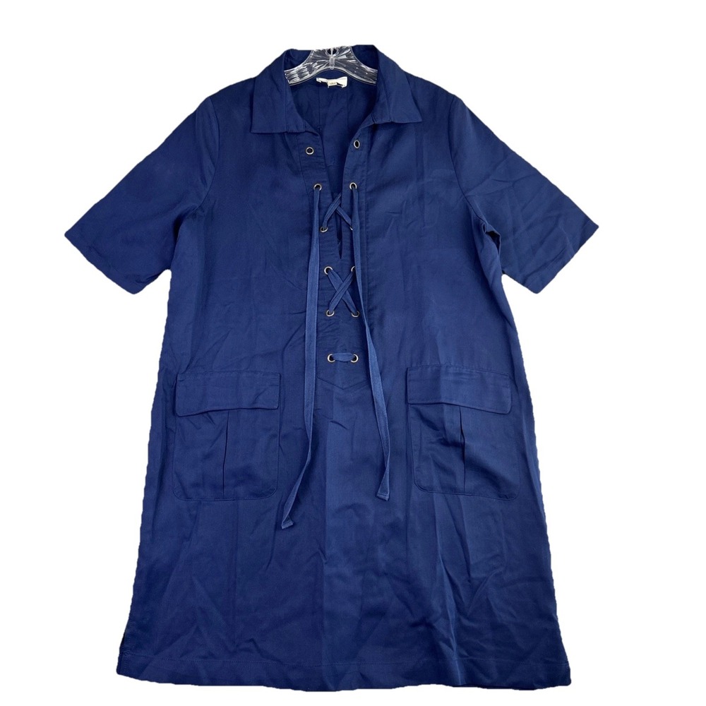 Everly L Blue Shirt Dress Lace Up Tie‎ Neck Tencel Shift Preppy Lagenlook Office